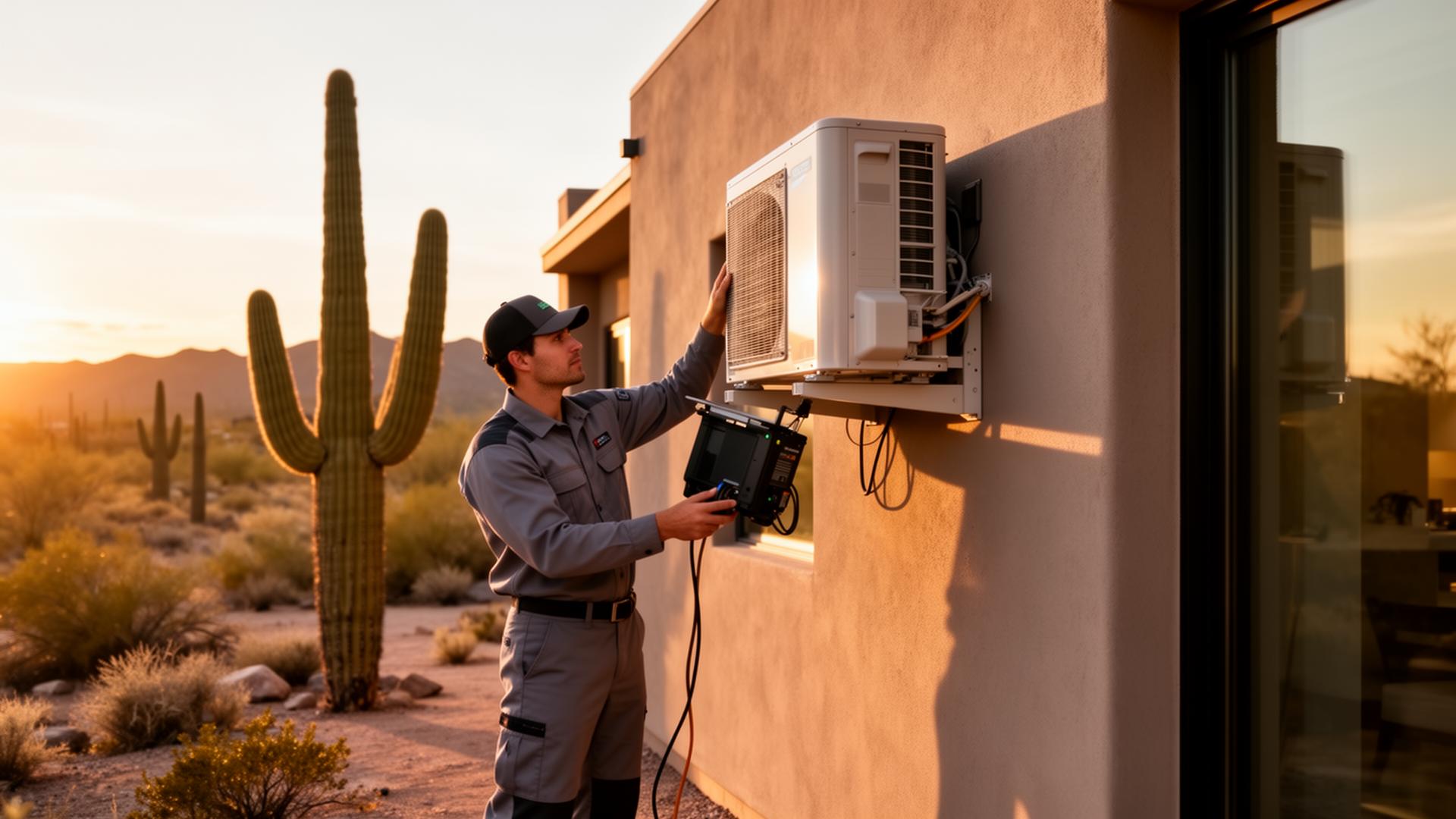 AZ Desert Cooling technician servicing an AC unit at a modern Arizona home